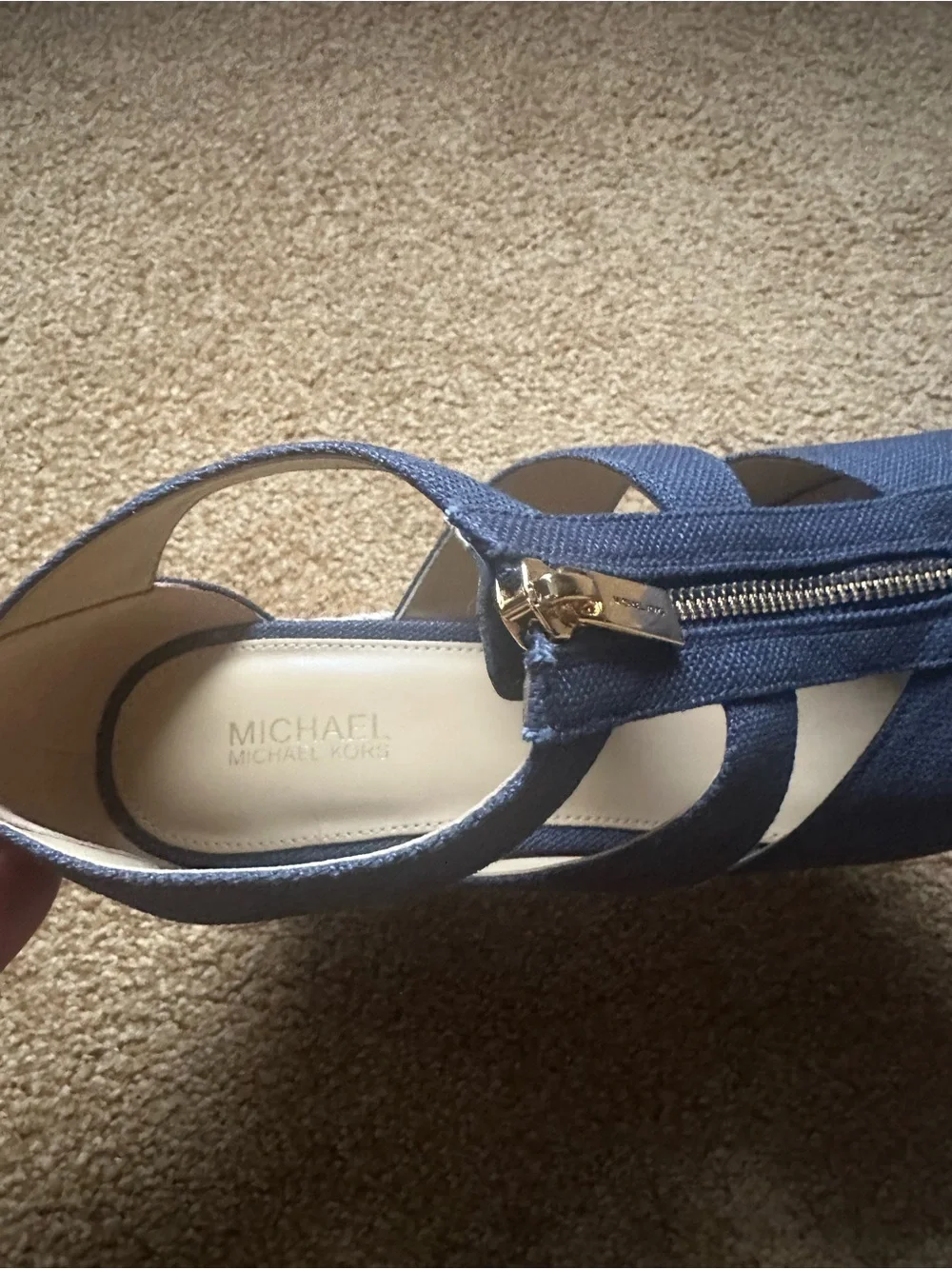 Michael Kors Navy Canvas Zip Wedge Berkley Sandals with Espadrille Heel